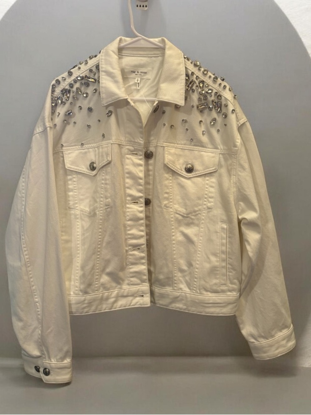 Rag & Bone Women's White Elsa Embellished Cotton Denim Jacket Size Large
